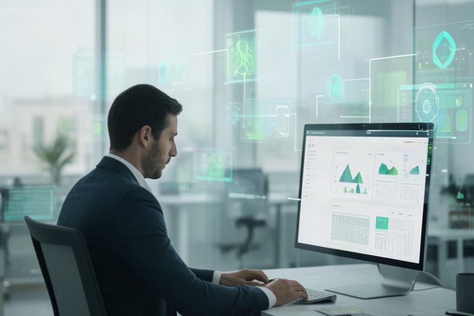 Analista en una oficina de Valencia revisando un panel de datos conectado a sistemas empresariales