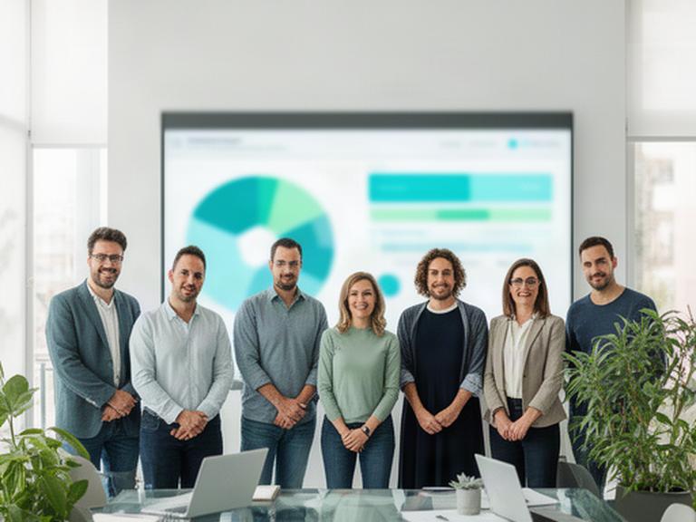 Equipo de analítica reunido frente a un panel de indicadores en una oficina luminosa de Catarroja